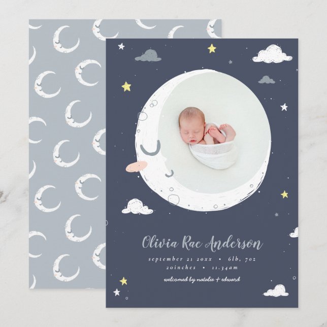 Moon, star and cloud cute photo birth announcement (Front/Back)