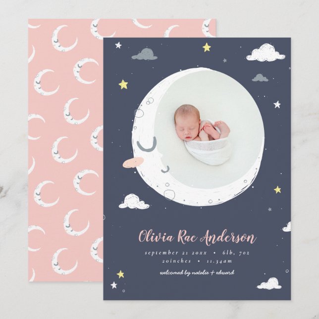 Moon, star and cloud cute photo birth announcement (Front/Back)
