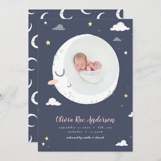 Moon, star and cloud cute photo birth announcement (Front/Back)