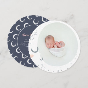 Moon star cute girly pink navy photo birth announcement
