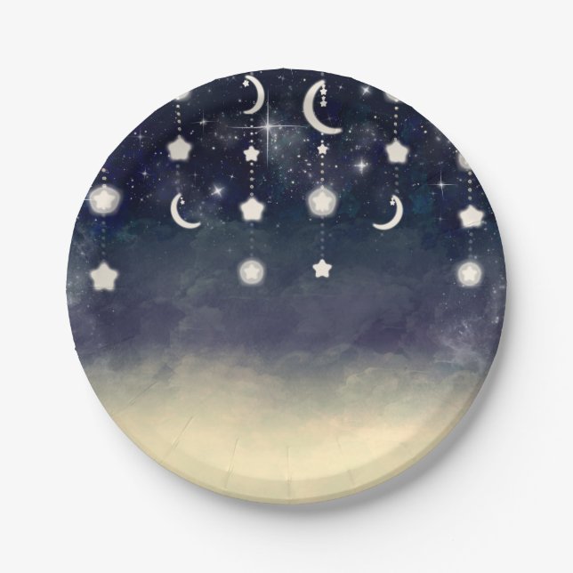 Moon Star Glow Celestial Watercolor Baby Shower Paper Plate (Front)