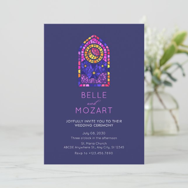 Moon star mosaic window glass wedding ceremony invitation (Standing Front)