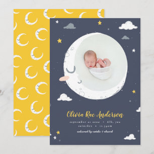 Moon, star navy yellow cute photo birth announcement