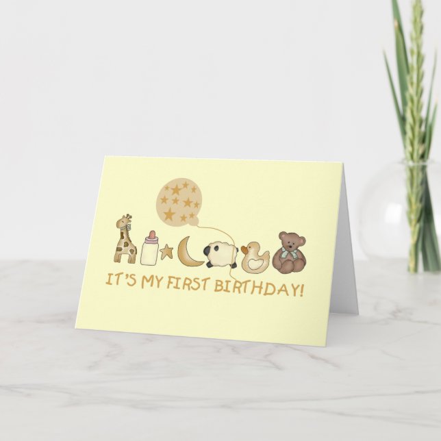 Moon,Stars, and Animals First Birthday Card (Front)