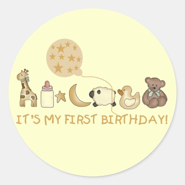 Moon,Stars, and Animals First Birthday Classic Round Sticker (Front)