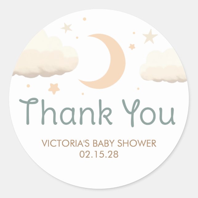 Moon Stars and Clouds Elegant Cute Thank You Classic Round Sticker (Front)