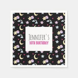 Moon, Stars and Clouds Pattern on Black Birthday Napkin