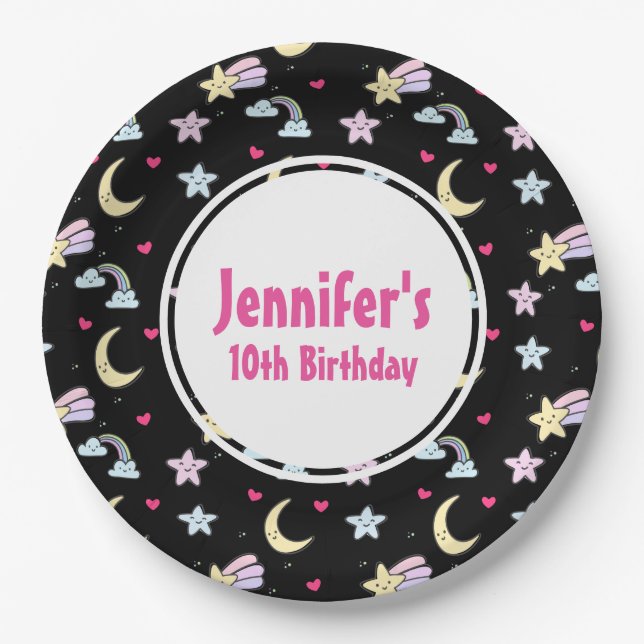 Moon, Stars and Clouds Pattern on Black Birthday Paper Plate (Front)