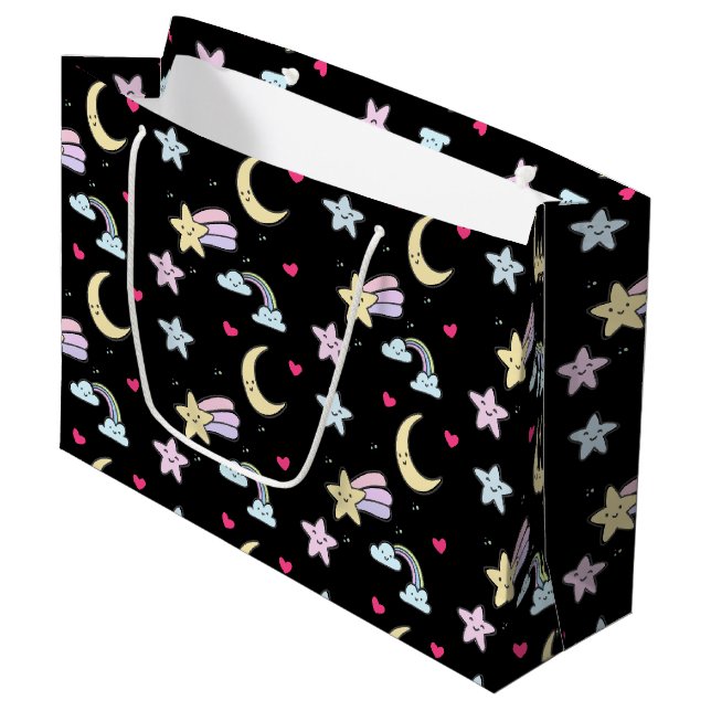 Moon, Stars and Clouds Pattern on Black Large Gift Bag (Front Angled)