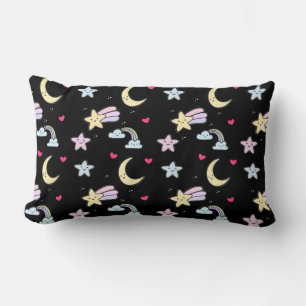 Moon, Stars and Clouds Pattern on Black Lumbar Cushion