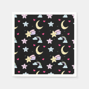 Moon, Stars and Clouds Pattern on Black Napkin