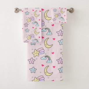 Moon, Stars and Clouds Pattern on Pastel Pink Bath Towel Set