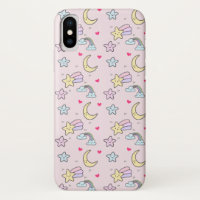Moon, Stars and Clouds Pattern on Pastel Pink