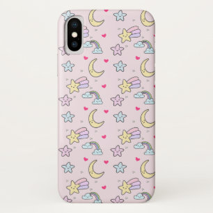 Moon, Stars and Clouds Pattern on Pastel Pink iPhone X Case