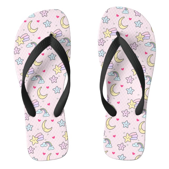 Moon, Stars and Clouds Pattern on Pastel Pink Flip Flops (Footbed)