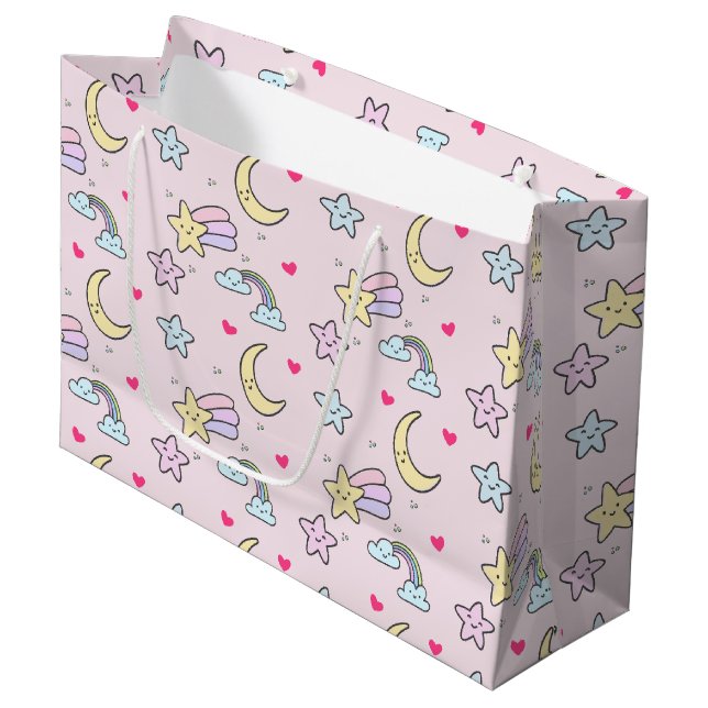 Moon, Stars and Clouds Pattern on Pastel Pink Large Gift Bag (Front Angled)