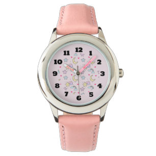 Moon, Stars and Clouds Pattern on Pastel Pink Watch