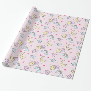 Moon, Stars and Clouds Pattern on Pastel Pink Wrapping Paper