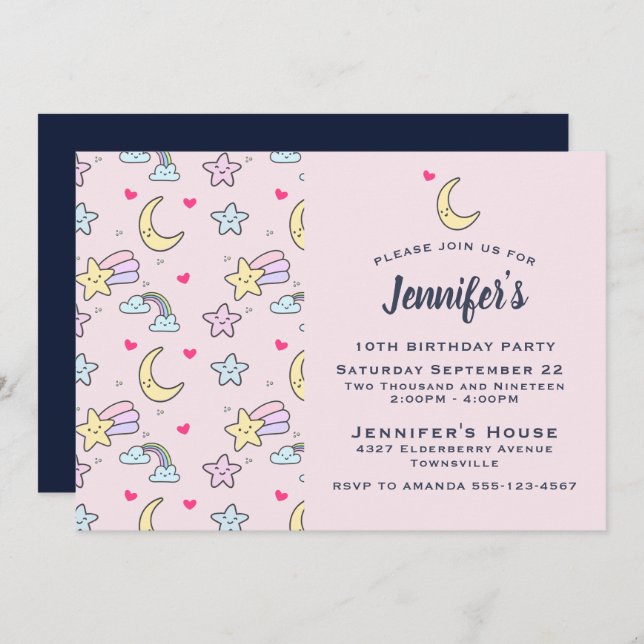 Moon, Stars and Clouds Pattern on Pink Birthday Invitation (Front/Back)