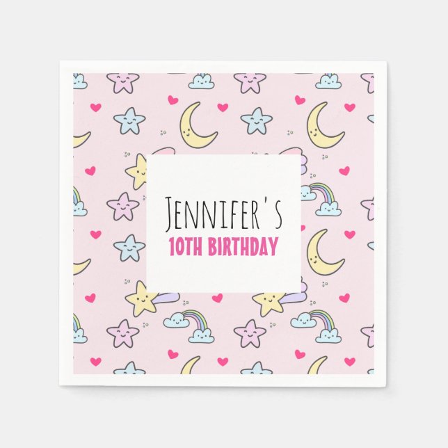 Moon, Stars and Clouds Pattern on Pink Birthday Napkin (Front)