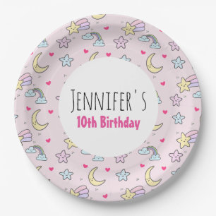 Moon, Stars and Clouds Pattern on Pink Birthday Paper Plate
