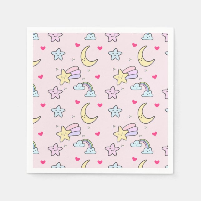 Moon, Stars and Clouds Pattern on Pink Napkin (Front)