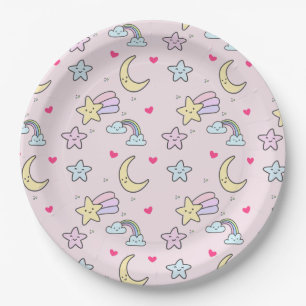 Moon, Stars and Clouds Pattern on Pink Paper Plate