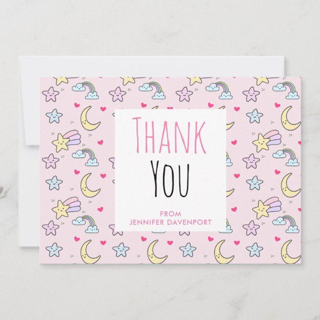 Moon, Stars and Clouds Pattern on Pink Thank You Card (Front)