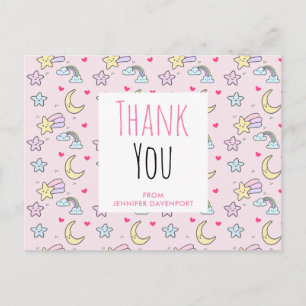 Moon, Stars and Clouds Pattern on Pink Thank You Postcard