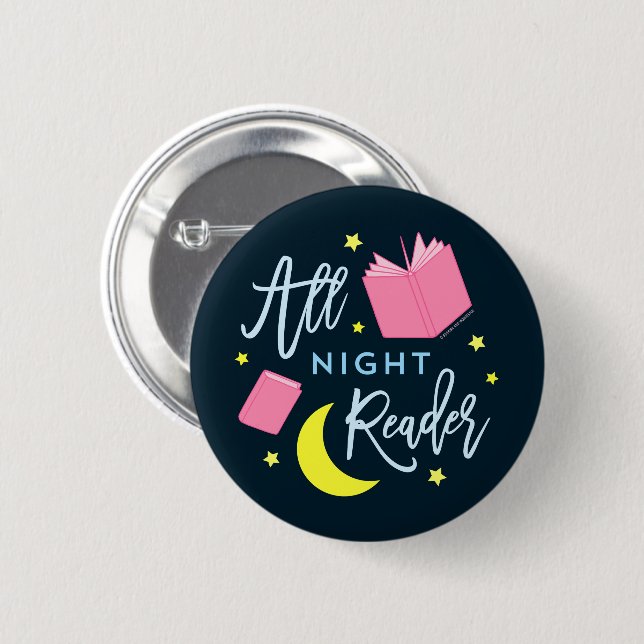 Moon Stars and Pink Books All Night Reader 6 Cm Round Badge (Front & Back)