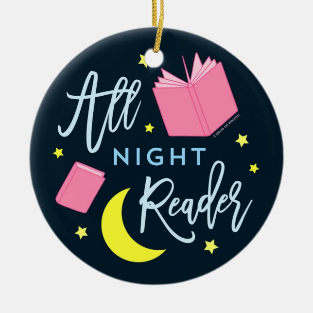 Moon Stars and Pink Books All Night Reader Ceramic Tree Decoration (Front)