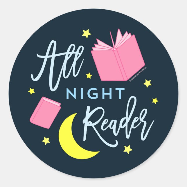 Moon Stars and Pink Books All Night Reader Classic Round Sticker (Front)