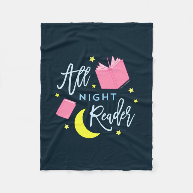 Moon Stars and Pink Books All Night Reader Fleece Blanket (Front)