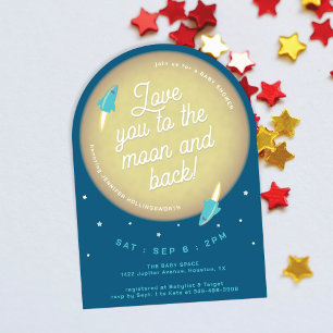 Moon, Stars, and Rockets Teal Baby Shower Invitation