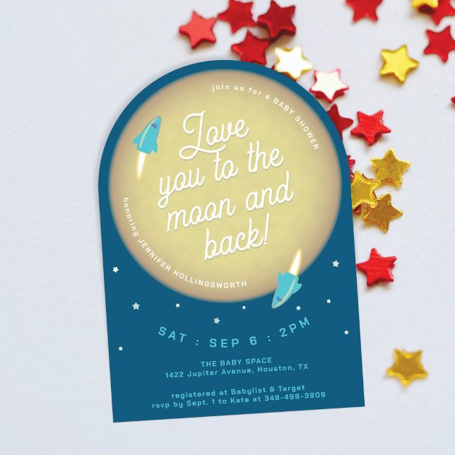 Moon, Stars, and Rockets Teal Baby Shower Invitation (Creator Uploaded)