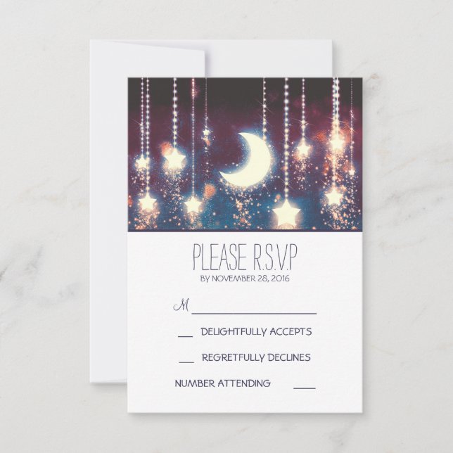 moon stars and string of lights wedding RSVP cards (Front)