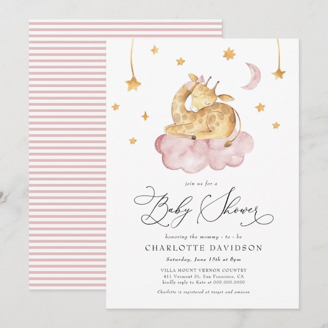 Moon & Stars Animal Giraffe Pink Girl Baby Shower Invitation (Front/Back)