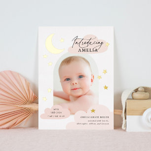 Moon Stars Arch Photo Pink Birth Announcement