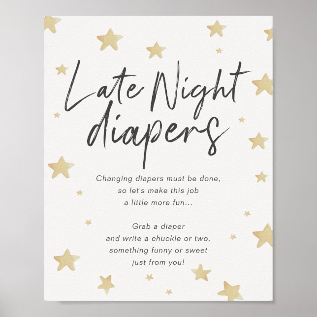 Moon Stars Baby Shower Late Night Diapers Sign (Front)
