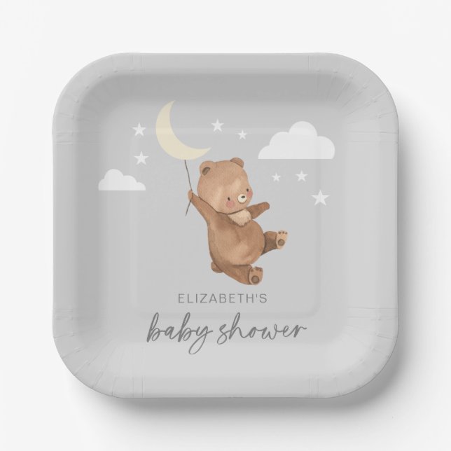 Moon Stars Bear Baby Shower Paper Plate (Front)