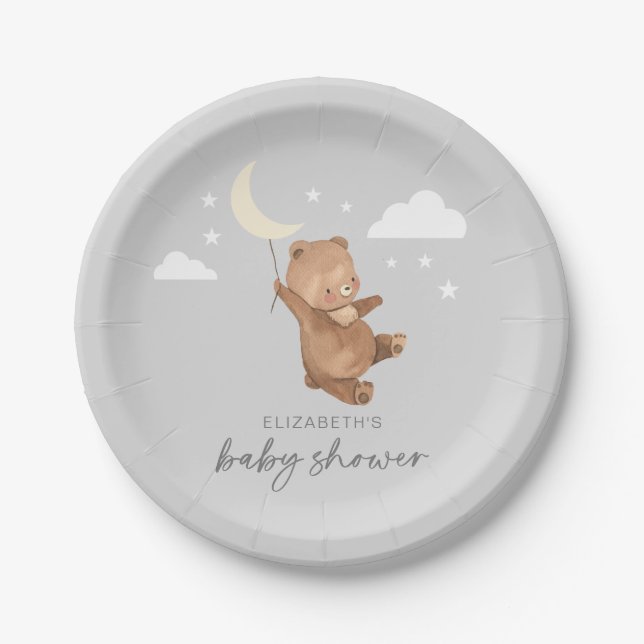 Moon Stars Bear Baby Shower Paper Plates (Front)