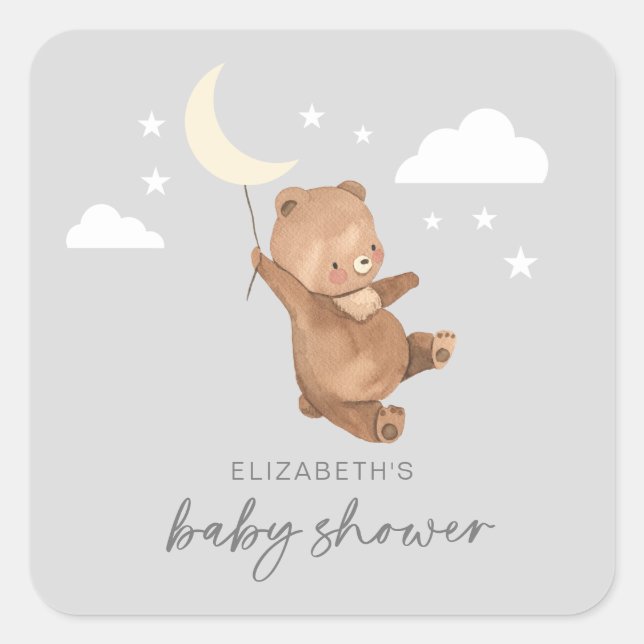 Moon Stars Bear Baby Shower Square Sticker (Front)