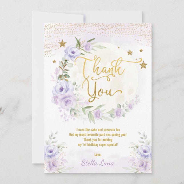 Moon & Stars Birthday Purple Gold Floral Thank You Card (Front)