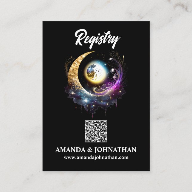 Moon stars black magenta QR code registry chic Enclosure Card (Front)