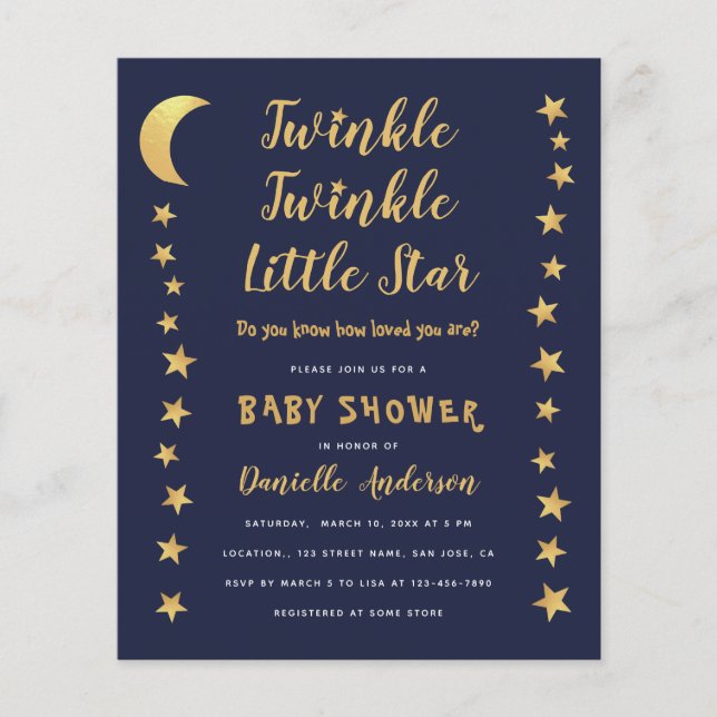 Moon Stars Blue Gold Budget Baby Shower Invitation (Front)