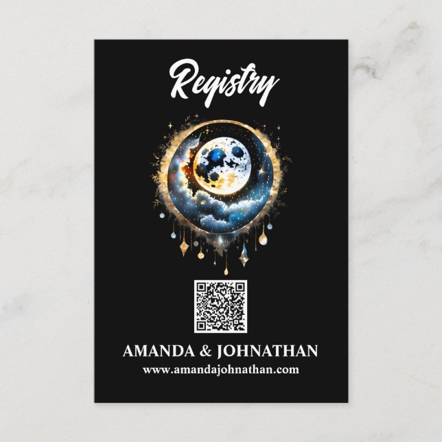 Moon stars blue gold QR code registry luna 3.5x5 Enclosure Card (Front)