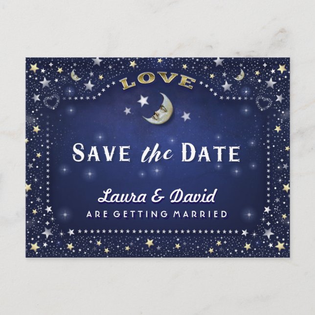 Moon & Stars Blue Gold & White Save Date Postcard (Front)