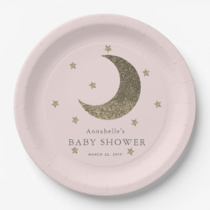 Moon & Stars Blush Pink Baby Shower Paper Plate