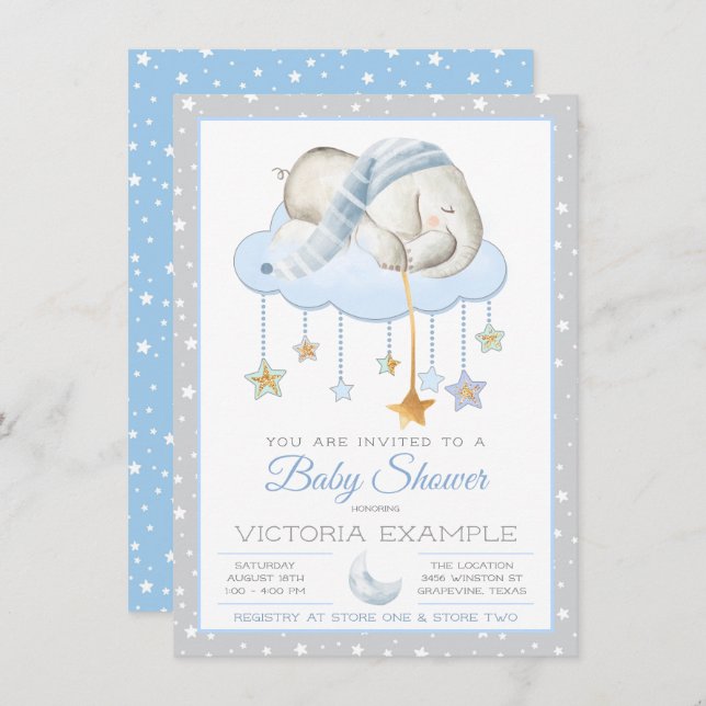 Moon Stars Boy Elephant Baby Shower Invitations (Front/Back)
