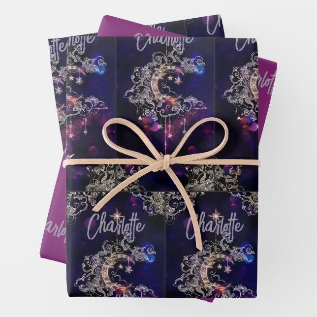 Moon Stars Celestial BoHo Tween Gift 3 Wrapping Paper Sheet (In situ)